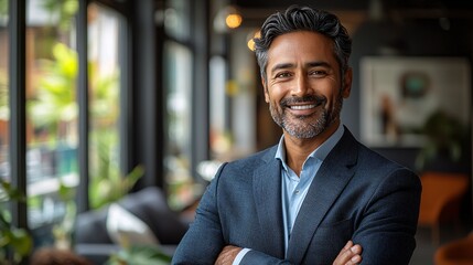 Fototapeta premium Portrait of a confident Indian businessperson standing in a modern office setting arms crossed and smiling with cityscape visible through large windows