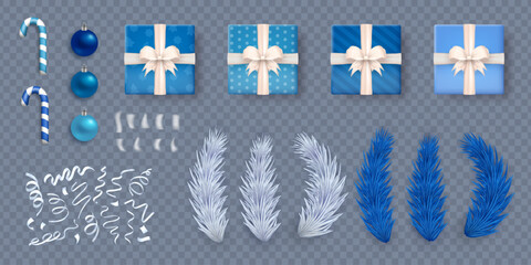 Collection of 3d Christmas, New Year holiday decorations with blue realistic gift boxes, silver ribbons, Xmas ornaments, candy canes, icy pine branches isolated on transparent background