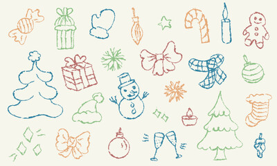 Set of hand drawn Christmas and New Year doodles - Xmas trees, snowman, gifts, stockings, ornaments, snowflakes, candy, baubles, bows, candles gingerbread on white background. Brush strokes elements