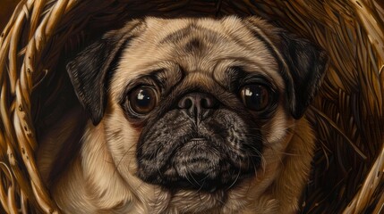 Obraz premium A detailed and realistic portrait of a pug nestled in a woven basket, showcasing its expressive features and textured fur, captured in a warm, cozy setting.
