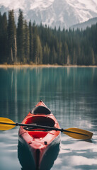 Kayak boat in still quiet lake water with snow mountain forest vertical