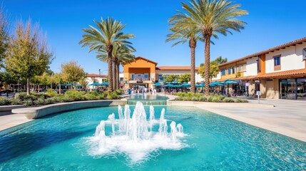 Colorful Mediterranean-style shopping village with palm trees, a fountain, and bright storefronts, creating a vibrant and inviting atmosphere.