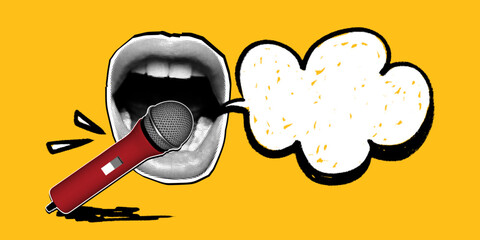 Advertising cover in retro collage style. Open lips with a halftone effect shout into the microphone. Texture speech bubbles shaded with pencil and space for text.