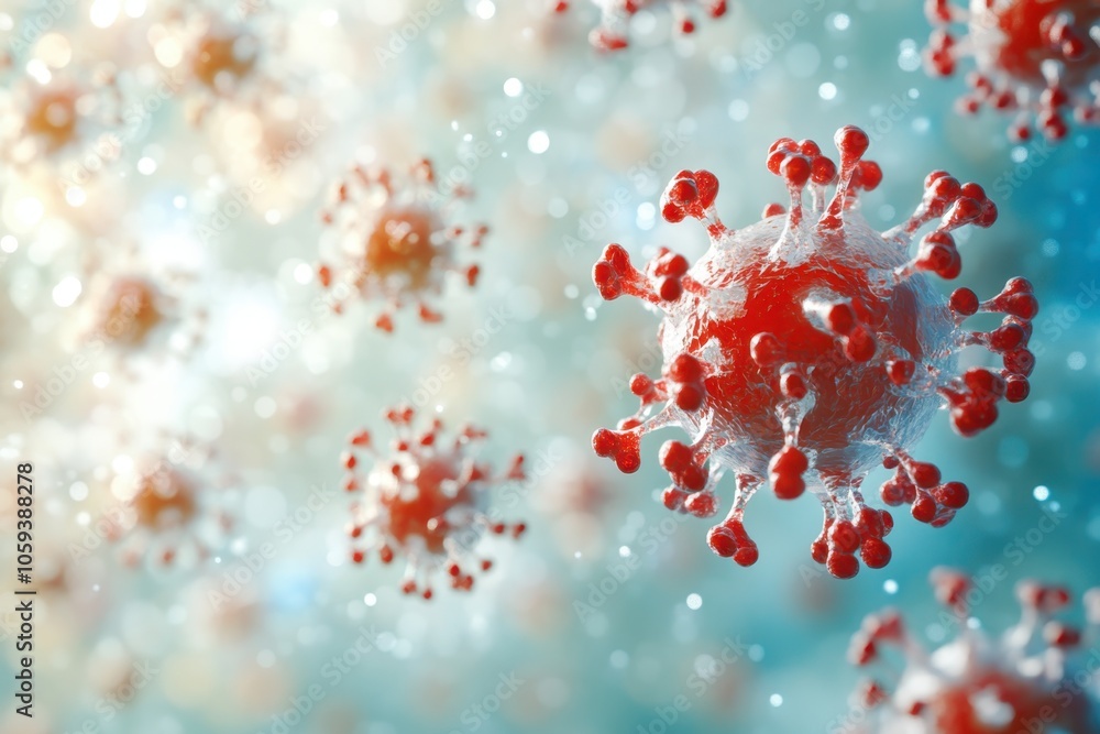 Poster microscopic view of coronavirus particles floating in a digital environment