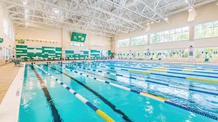 Fototapeta premium A spacious indoor swimming pool with lane dividers, surrounded by bright windows, emphasizing fitness, sports, and a clean environment.