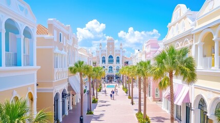 Colorful Mediterranean-style shopping village with palm trees, a fountain, and bright storefronts,...