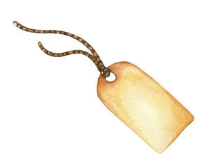 Watercolor illustration of paper tag on a rope. Isolated on white background element with empty space for text for design of postcard, print, gift, invitation.
