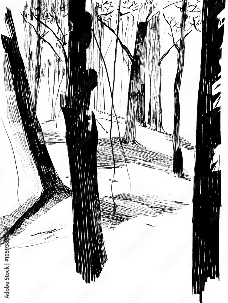 Poster a detailed black ink sketch depicts a dense forest filled with intricate tree designs and captivatin