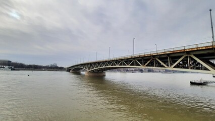 Budapest, Hungary, 02.15.2024, road metal girder Petofi Bridge across the Danube