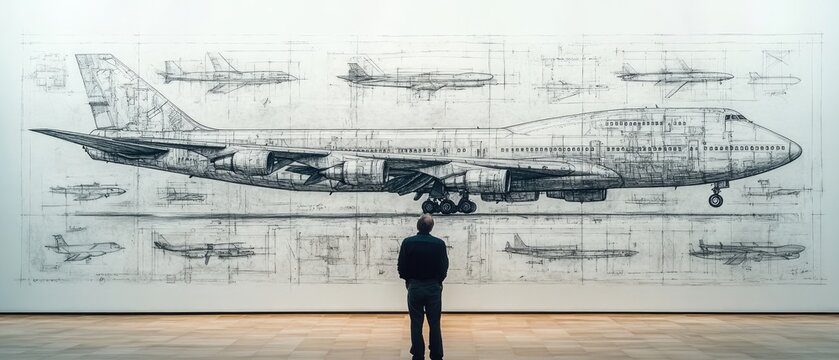 A man admires a large-scale drawing of a Boeing 747 airplane displayed in a museum.