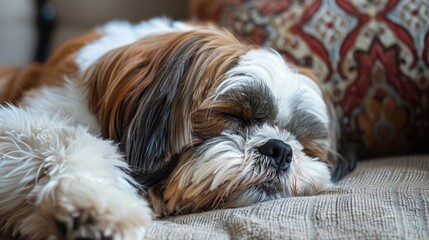 A relaxed Shih Tzu naps comfortably on a detailed patterned cushion, capturing a moment of peace and cuteness in an intimate home atmosphere.