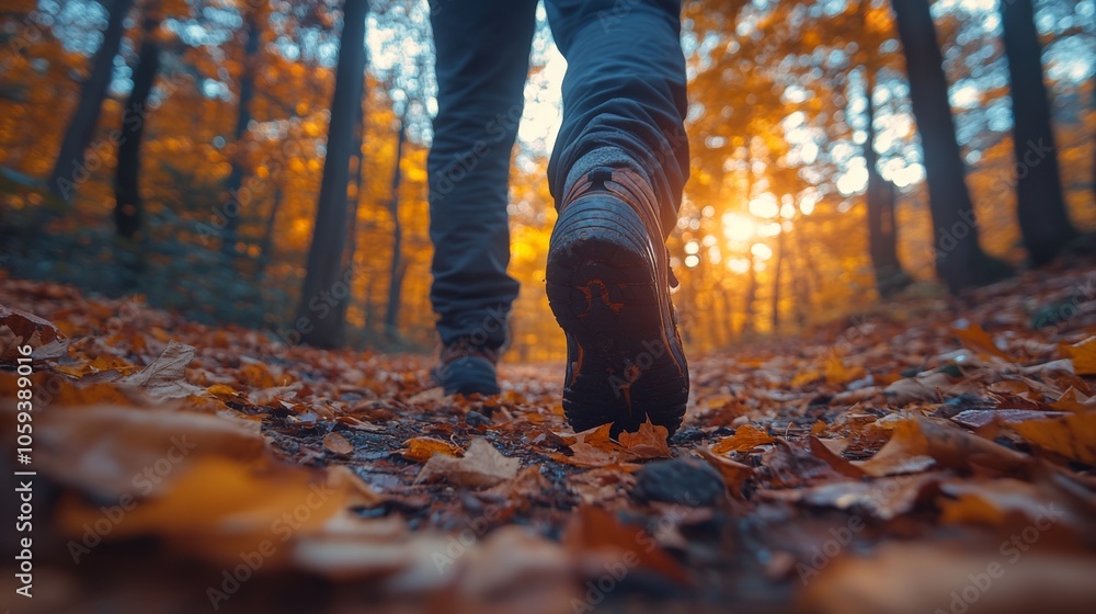 Aufkleber a person strolls along a forest path blanketed with vibrant autumn foliage as the golden sunlight fi