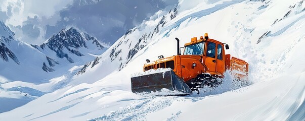 Fototapeta premium Orange snowplough clearing snowcovered mountain pass, winter landscape, focused on safety
