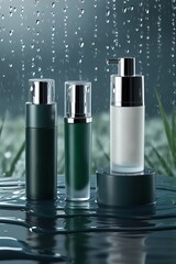 Create a minimalist 3D cosmetic mockup with rain theme