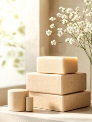 Beautifully arranged natural soap bars in a soft, well-lit setting, complemented by delicate flowers, perfect for wellness, beauty products, spa promotions, or eco-friendly lifestyle content,