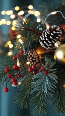 Decorated Christmas Tree with Ornaments, Berries, and Twinkling Lights