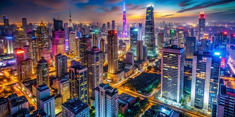 Obraz premium Neonlit Skyscrapers in a Bustling Night Cityscape - Aerial View of Vibrant Urban Life with Bright Lights, Modern Architecture, and Dynamic Streets