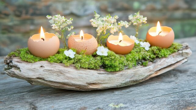 Egg candles nestled in egg shells with purple flowers and green moss, creating a warm, rustic centerpiece. Concept of spring renewal, Easter decor, and natural elegance.