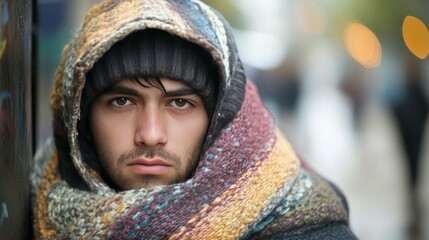 A young man with a serious expression is warmly wrapped in a thick, colorful scarf, against a blurred city street backdrop, conveying introspection and mystery.