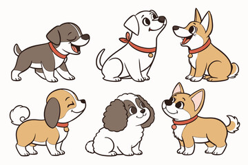 Cute Dogs & Puppies Vector Set – Cartoon Breeds: Pug, Corgi, Poodle, Husky & More