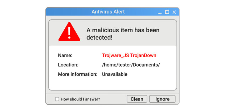 Warning message on computer screen. Malware popup notification banner. Antivirus information.