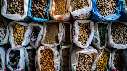 Various animal feed bags filled with different types of pellets and grains on display in a vibrant and colorful marketplace, ideal for market scene enthusiasts.