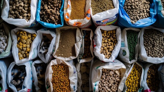 Various animal feed bags filled with different types of pellets and grains on display in a vibrant and colorful marketplace, ideal for market scene enthusiasts.