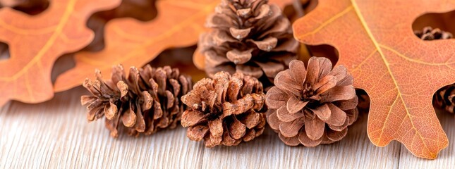 Close-up of pine cones and oak leaves on a wooden table. - Powered by Adobe