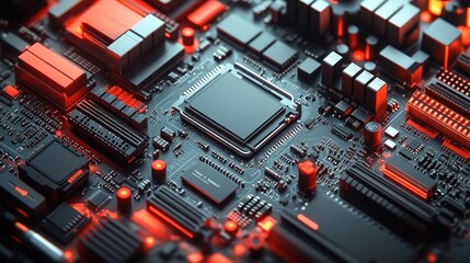 Closeup of a Motherboard with Red Lights