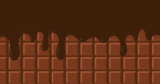 Melted chocolate dripping animation. Dessert background with melted chocolate. Sweet ice cream flowing down. Motion graphic. 4K animation