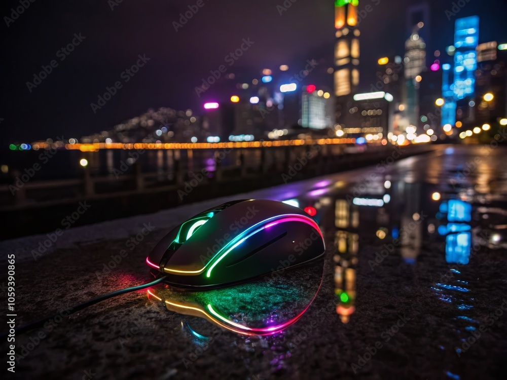 Poster Night Photography of a Glowing Computer Mouse with Light Trails in a Dark Setting for Tech and Digital