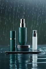 Create a minimalist 3D cosmetic mockup with rain theme