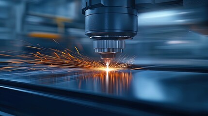 Dynamic Laser Cutting Machine in Action: Captivating Metal Sparks and Light Reflections for Stunning Industrial Interior Posters