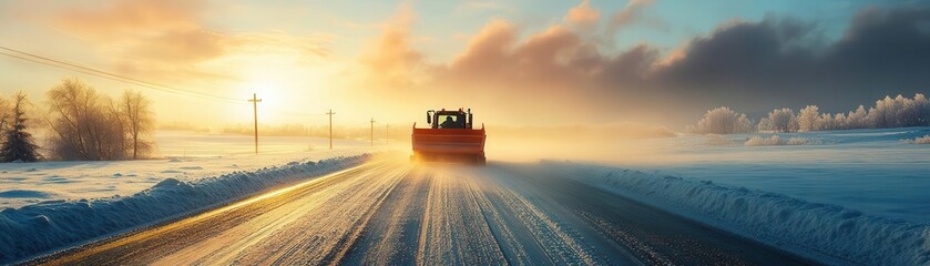 Snowplough on icy road at sunrise, winter landscape, road safety and maintenance