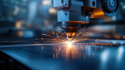 Dynamic Laser Cutting Machine in Action: Captivating Metal Sparks and Light Reflections for Stunning Industrial Interior Posters