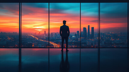 Fototapeta premium A crazy entrepreneur watching the city from a building's top, main hightlght․