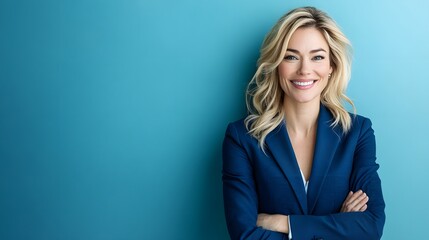 A confident blonde businesswoman in a blue suit beams warmly against a clean blue background, highlighting her professional image.