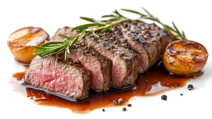 Food, Beef in Madeira Sauce, White Background, Photo Realistic, Abstract Image, Texture, Pattern Background, Wallpaper, Cover and Screen of Smartphone, PC, Laptop, 9:16 and 16:9 Format