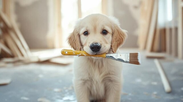 A golden retriever puppy joyfully holding a paintbrush in its mouth, situated in a home undergoing renovation