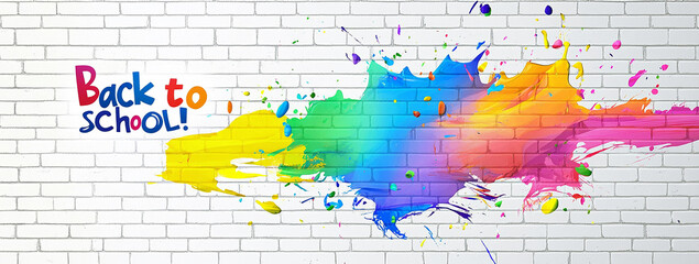 Colorful splash paint with text Back to school! on a white brick wall background