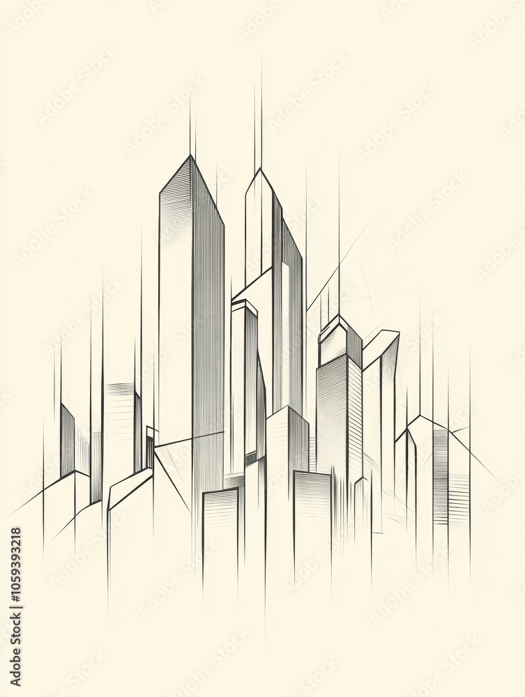 Poster a sleek, minimalist drawing captures a futuristic skyline with sharp geometric shapes and clean line