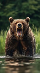 A large brown bear is in the water, with its mouth open and teeth bared. The bear appears to be angry and aggressive, and it is surrounded by green grass