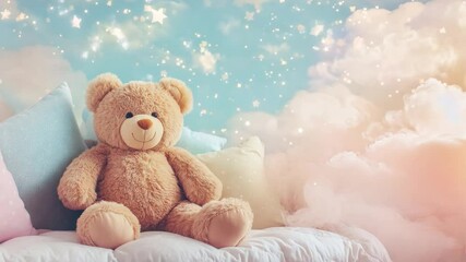 A cuddly teddy bear rests on a soft sofa, surrounded by pillows in pastel colors, creating a tranquil and inviting bedtime ambiance