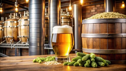 A barrel of beer fermenting in a brewery, with yeast and hops visible, craft beer fermentation, fermentation vessel, beer making equipment