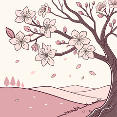 A beautiful illustration of a cherry blossom tree with delicate pink flowers and falling petals. The tree is set against a backdrop of rolling hills, creating a tranquil and serene scene.