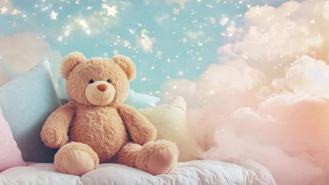 A cuddly teddy bear rests on a soft sofa, surrounded by pillows in pastel colors, creating a tranquil and inviting bedtime ambiance