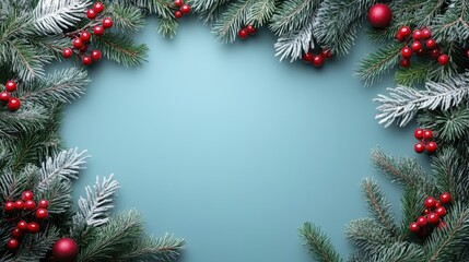 Festive greenery frames a serene blue backdrop, capturing the essence of Christmas cheer with vibrant red accents