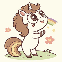 Adorable cartoon unicorn with big eyes and a rainbow, perfect for children's books, greeting cards, or any project needing a touch of magic.