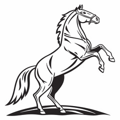 A powerful black and white illustration of a rearing horse, captured in a dynamic pose. This image is perfect for equestrian-themed designs, branding, or as a standalone artwork.