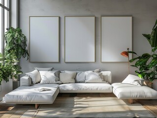 White Sectional Sofa With Throw Blanket in a Modern Living Room With Three Empty Picture Frames
